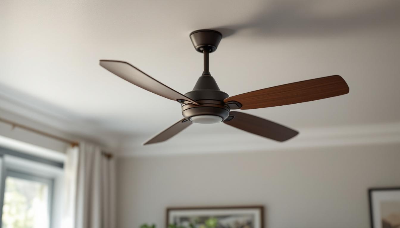 A photograph of a stylish ceiling fan installed in a well-lit room