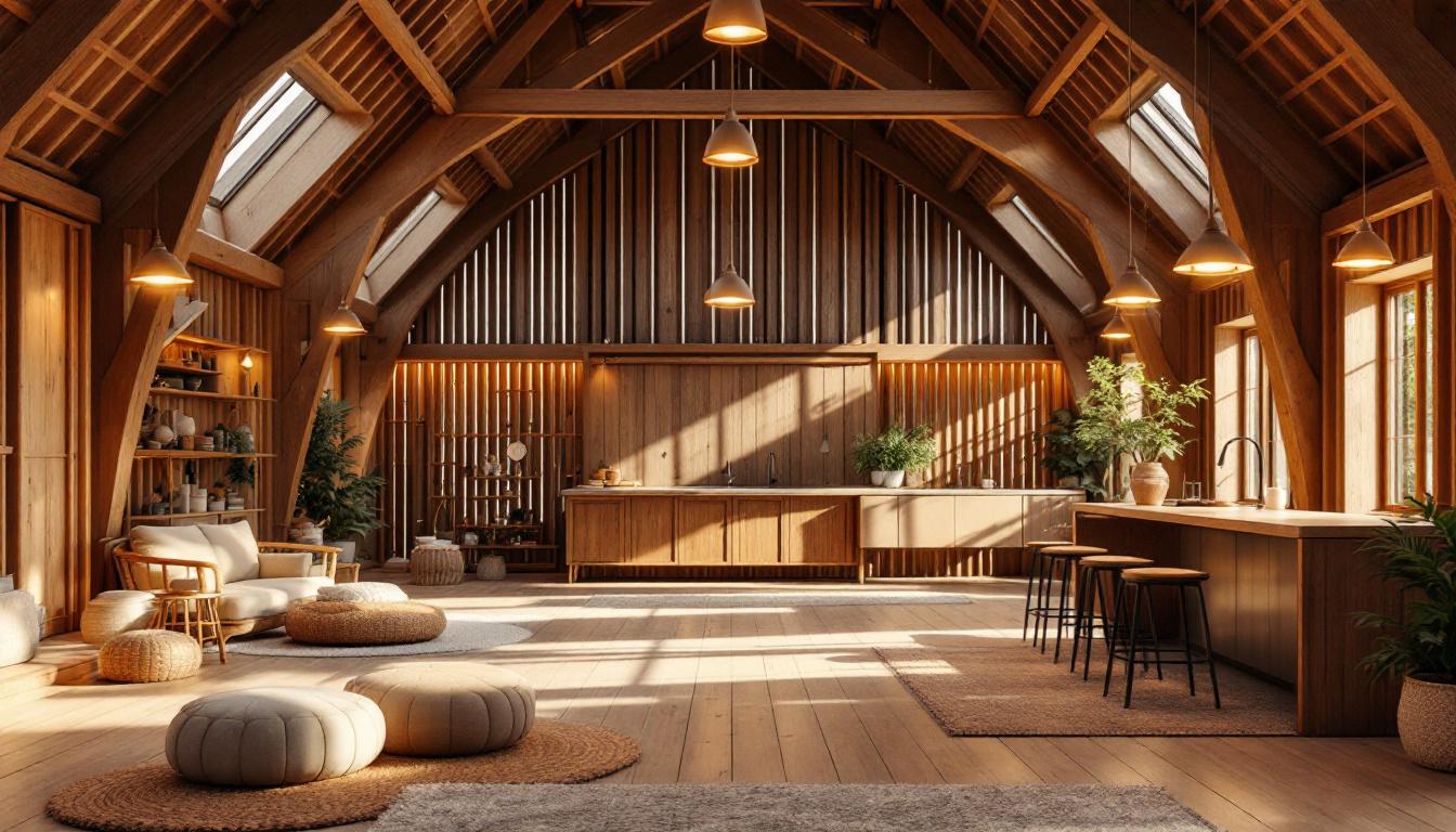 A photograph of a beautifully designed interior barn space showcasing various innovative lighting solutions