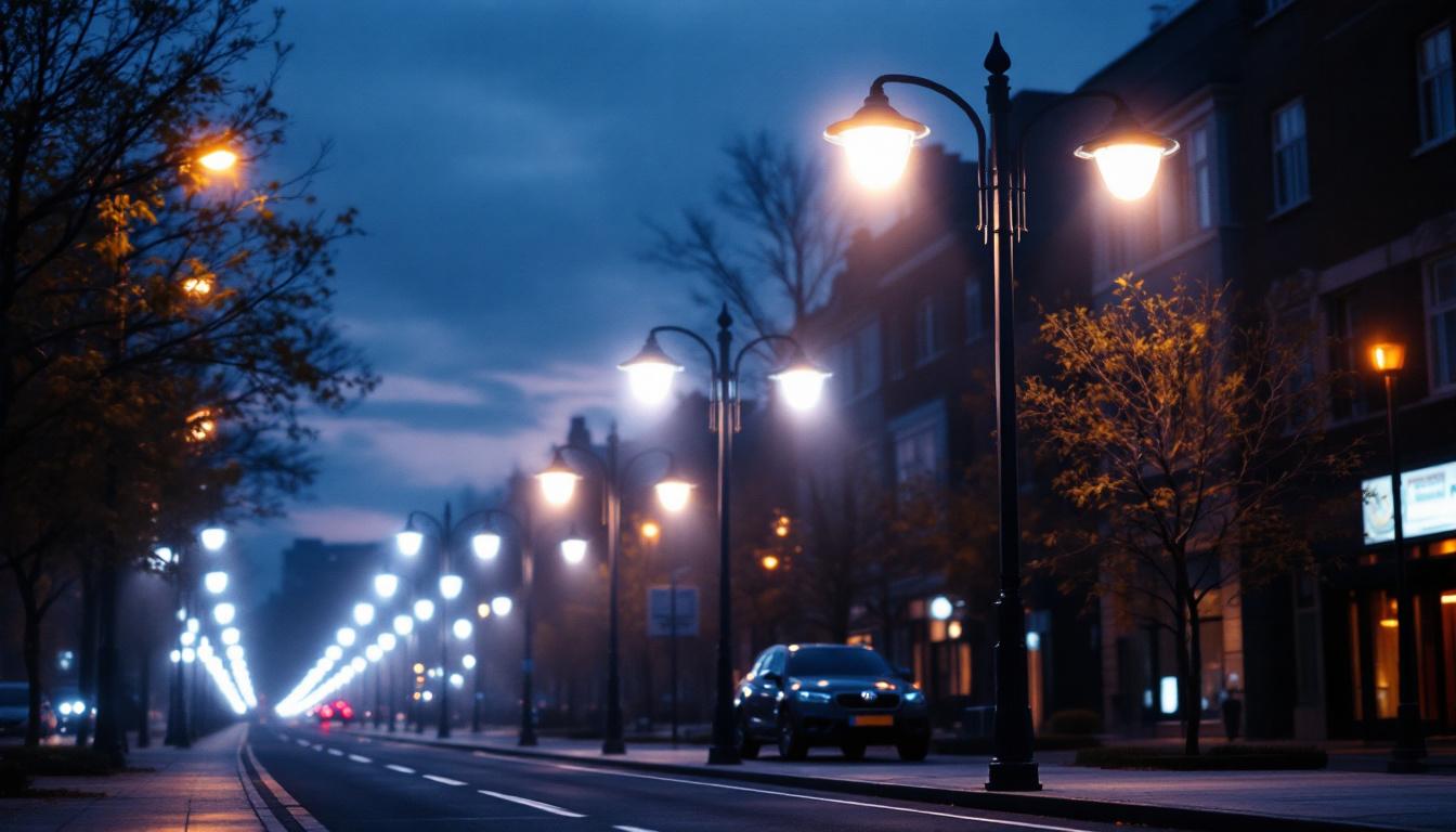A photograph of a well-lit urban street scene at dusk