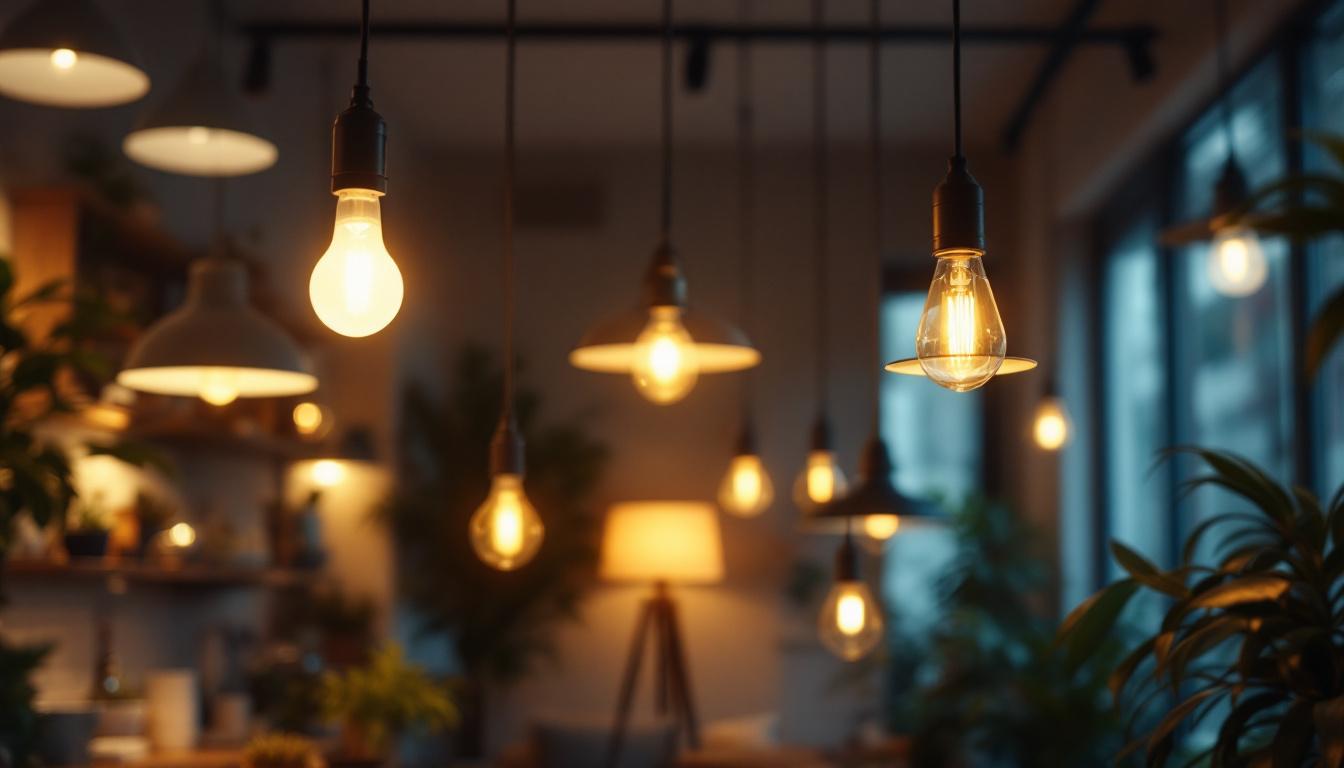 A photograph of a well-lit indoor space showcasing a variety of lighting fixtures in use