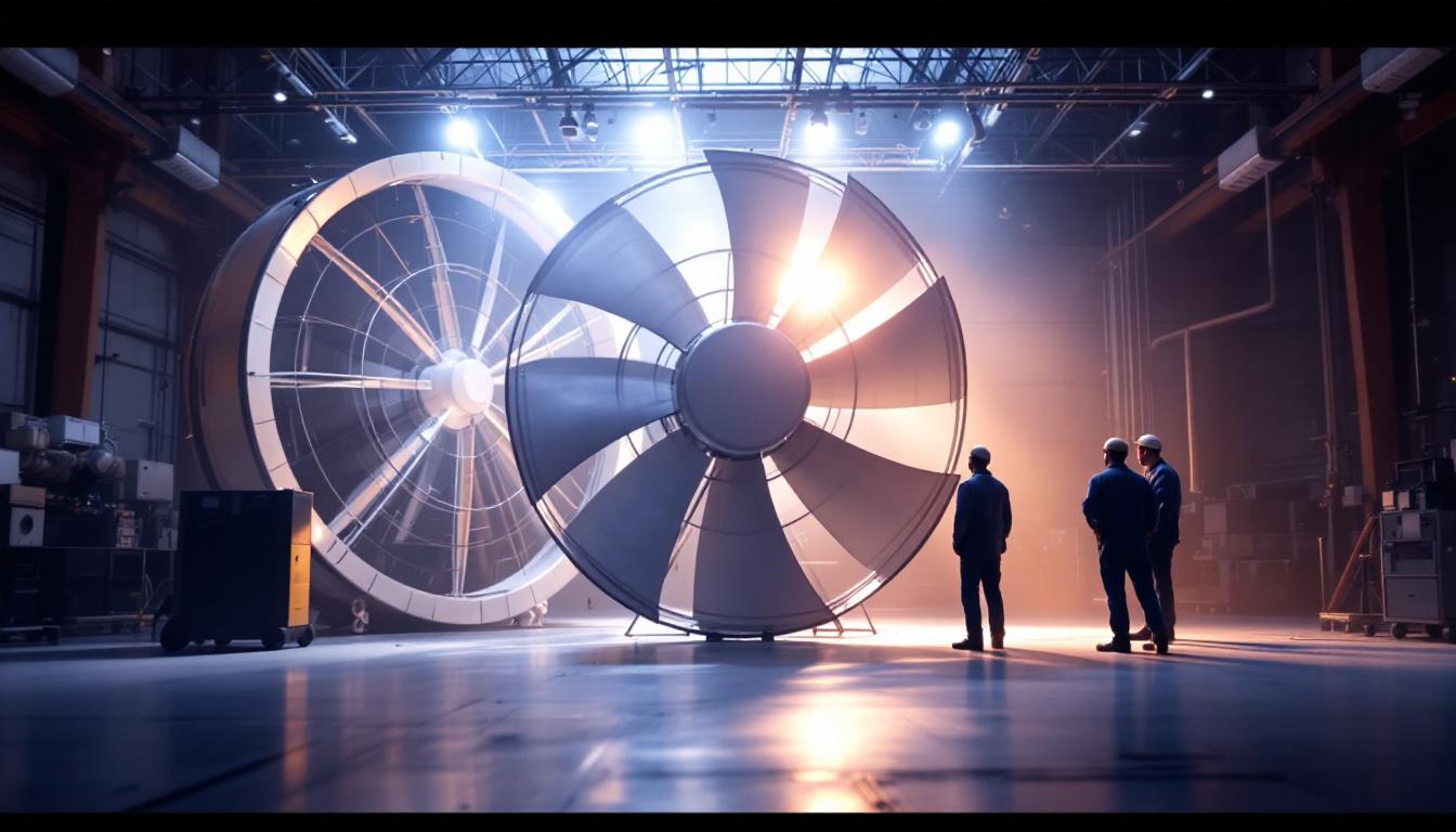A photograph of a well-lit industrial space showcasing a large industrial fan in operation