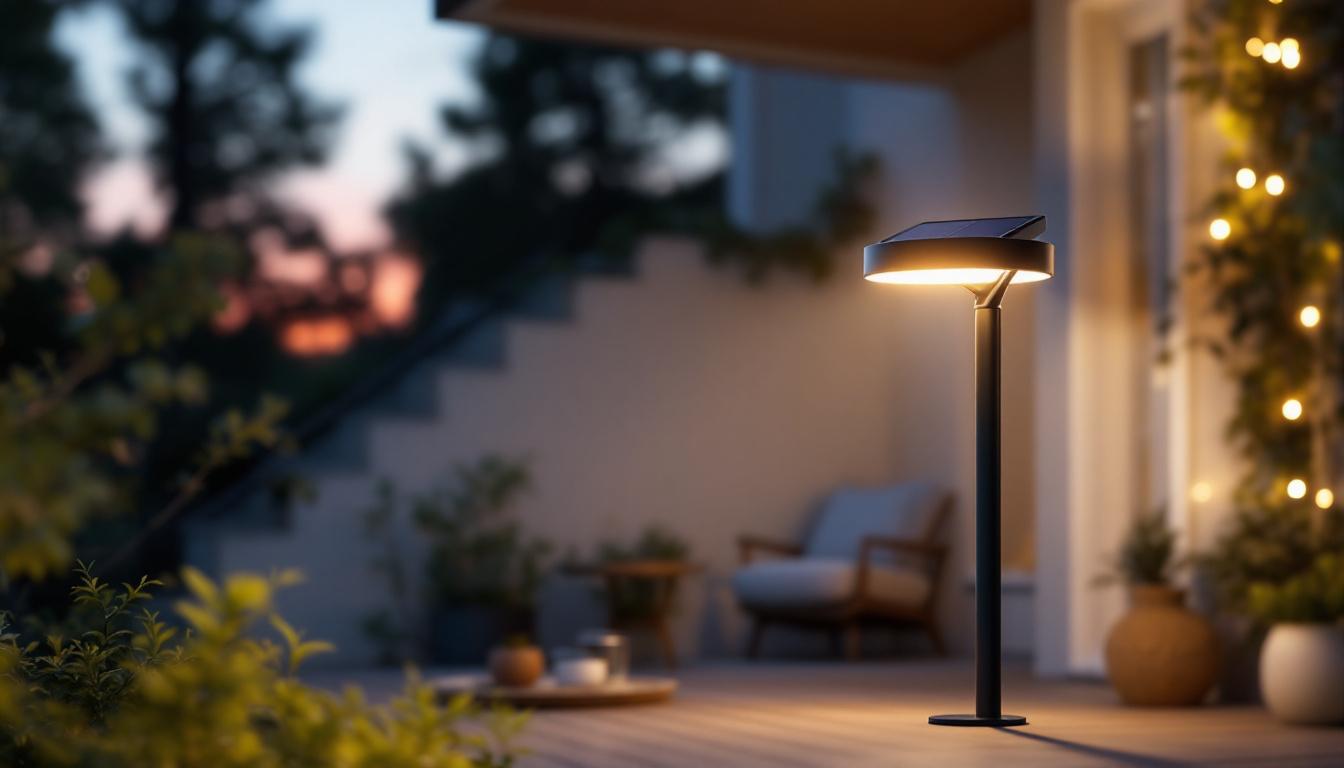 A photograph of a beautifully designed solar porch lamp illuminating a cozy outdoor space at dusk