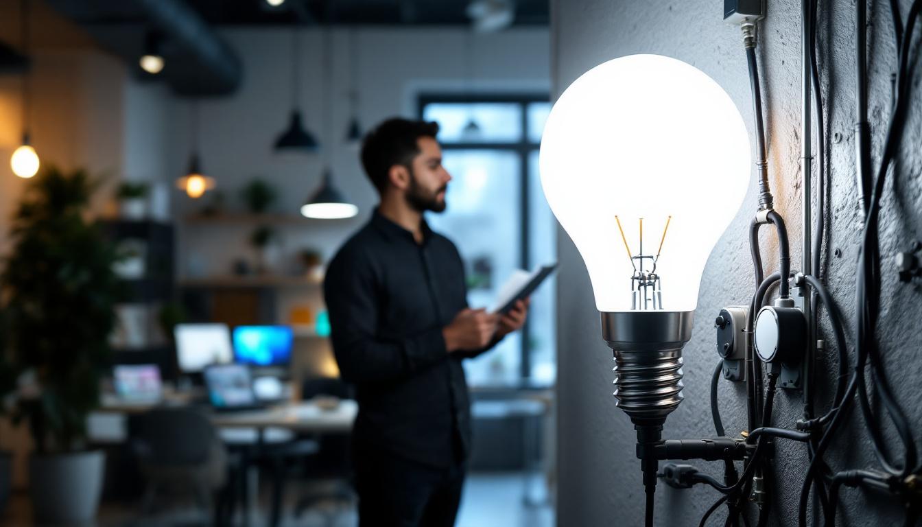 A photograph of a 4-foot led bulb installed in a modern workspace
