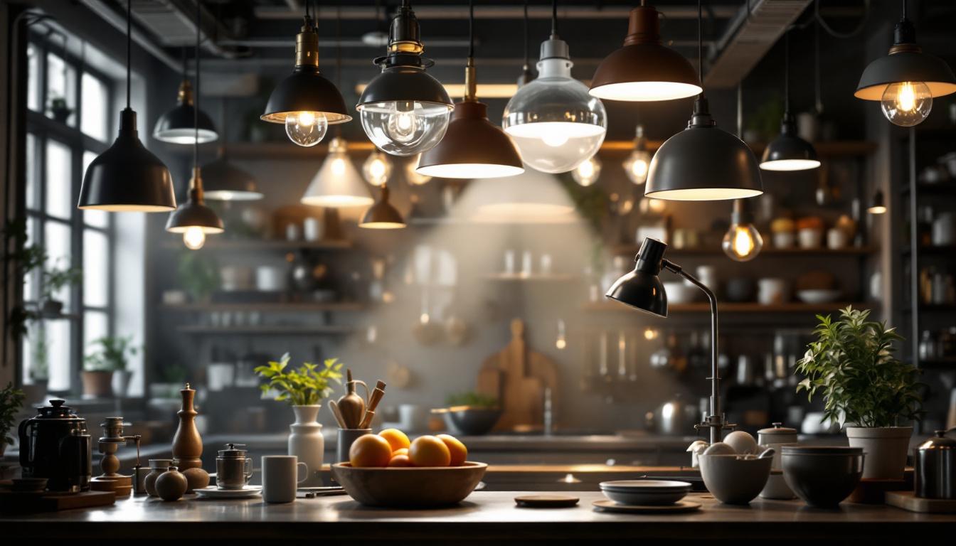 A photograph of a well-designed industrial kitchen setting featuring a variety of lighting fixtures