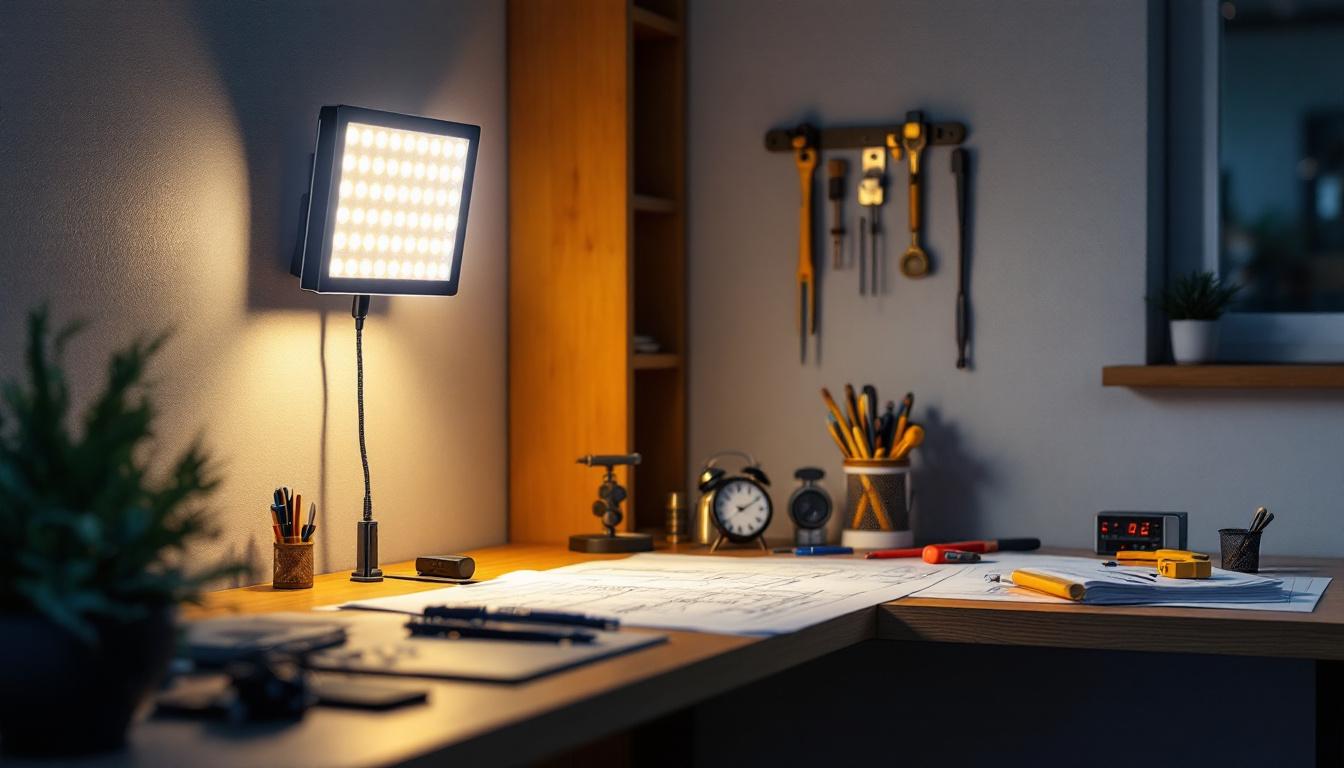 A photograph of a modern workspace featuring a 2x2 led fixture illuminating a well-organized desk with electrical engineering tools and blueprints