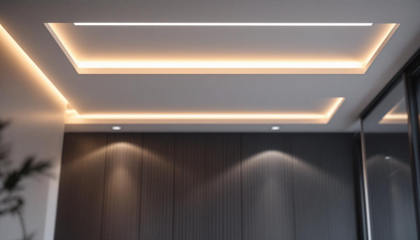 A photograph of a modern interior space showcasing sleek led recessed lighting integrated seamlessly into the ceiling