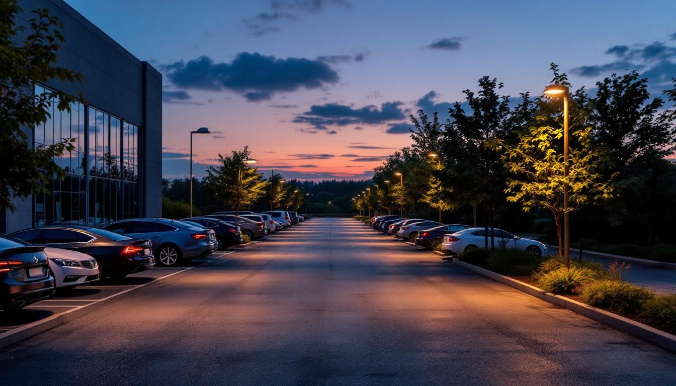 A photograph of a well-lit parking lot at dusk
