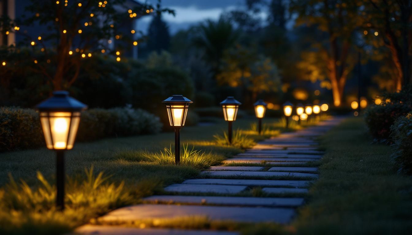 A photograph of a beautifully illuminated outdoor scene showcasing solar path lights in action