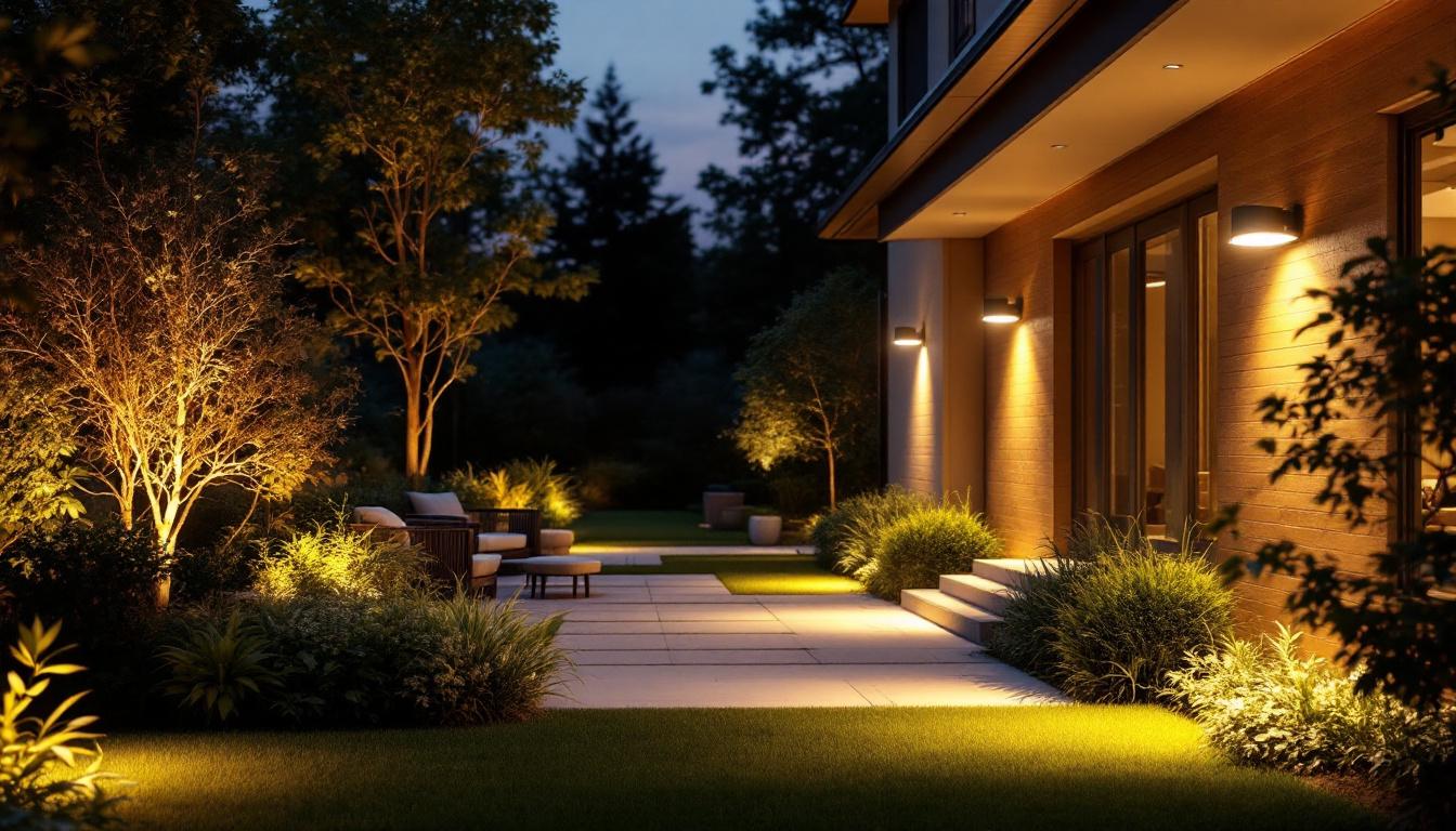 A photograph of a beautifully lit outdoor space showcasing various led exterior flood light fixtures in use