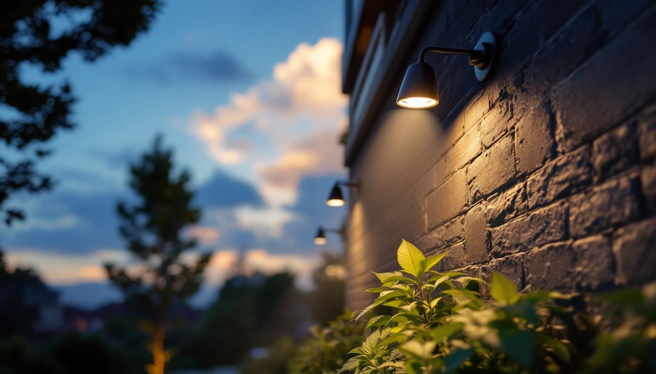 A photograph of a beautifully designed outdoor lighting setup at dusk