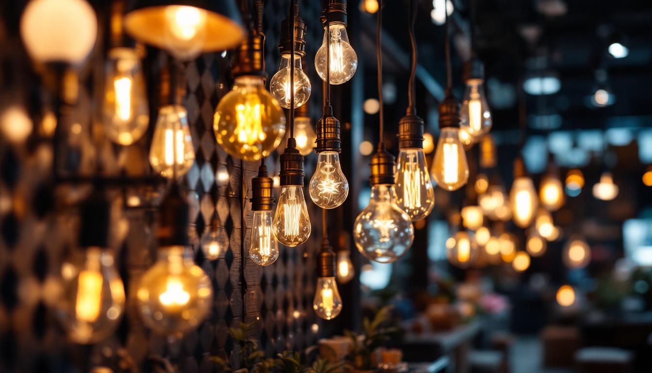 A photograph of a dynamic lighting display featuring a variety of stylish light fixtures and bulbs
