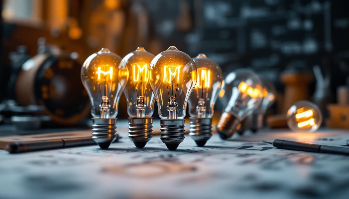 A photograph of a close-up of various type t light bulbs arranged aesthetically on a workbench