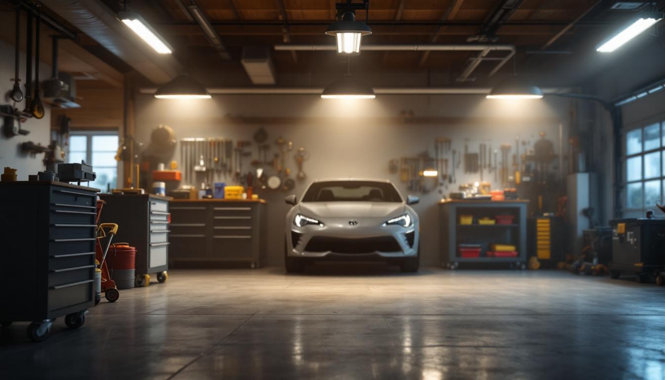 A photograph of a well-lit garage featuring energy-efficient led shop lights
