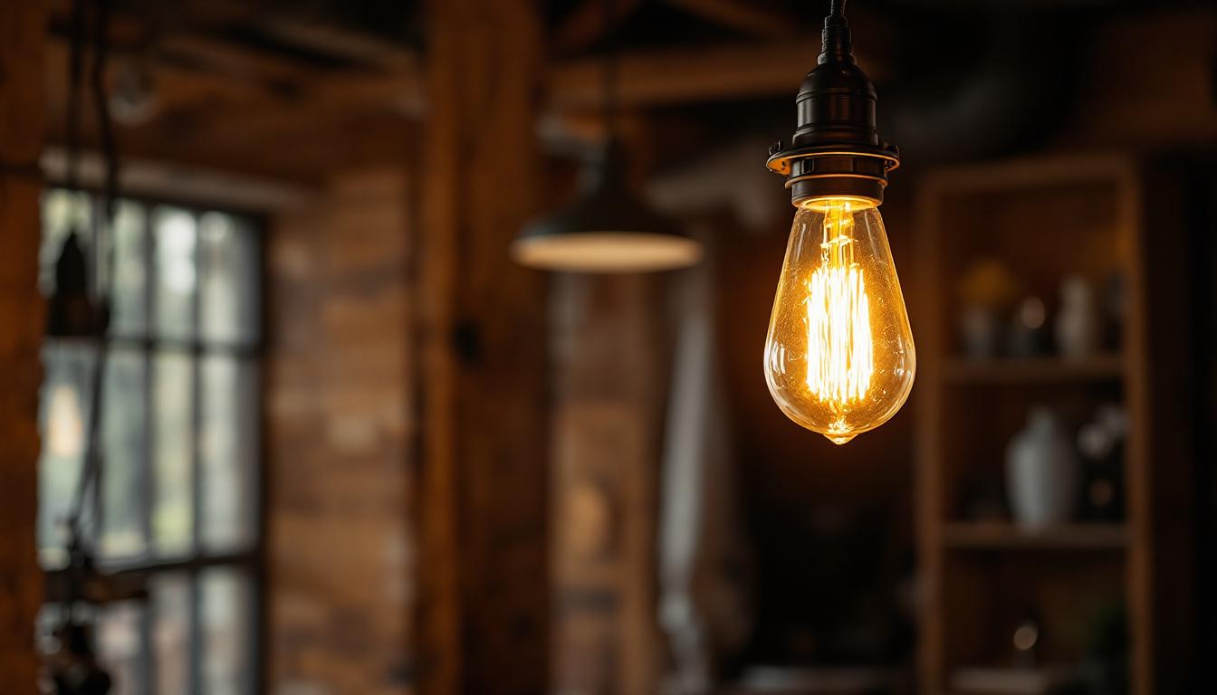 A photograph of a beautifully designed retro barn light hanging in a rustic setting