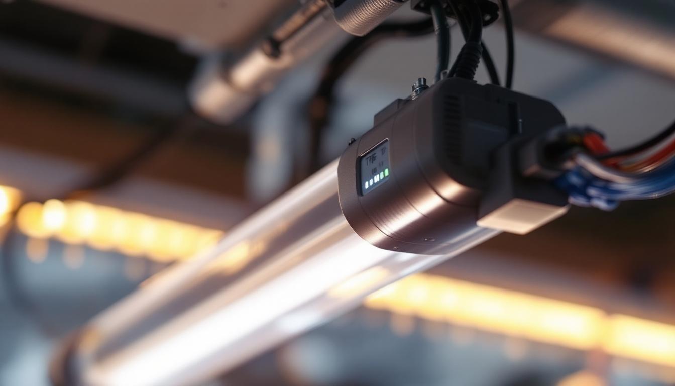 A photograph of a close-up shot of a 4 ft t8 led bulb being installed or inspected in a commercial lighting fixture