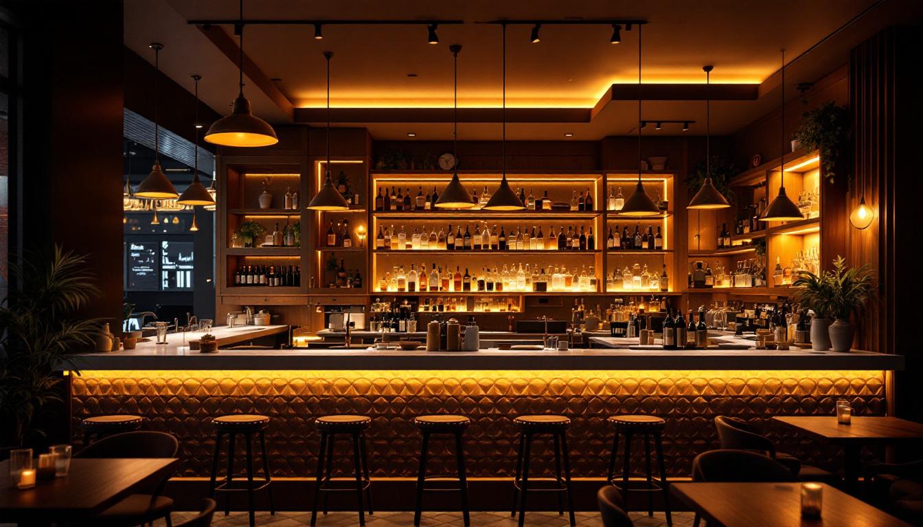 A photograph of a stylish restaurant or bar interior showcasing a dynamic and sophisticated lighting design