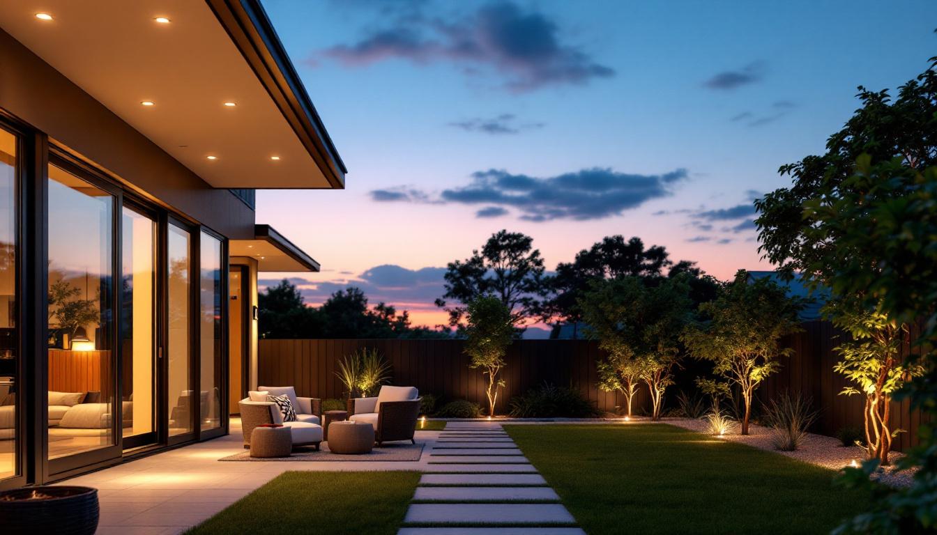 A photograph of a beautifully illuminated outdoor space featuring solar-powered soffit lights installed in a modern home