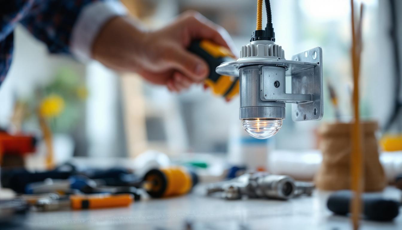 A photograph of a close-up of a lighting fixture mounting bracket being installed by an electrical engineer