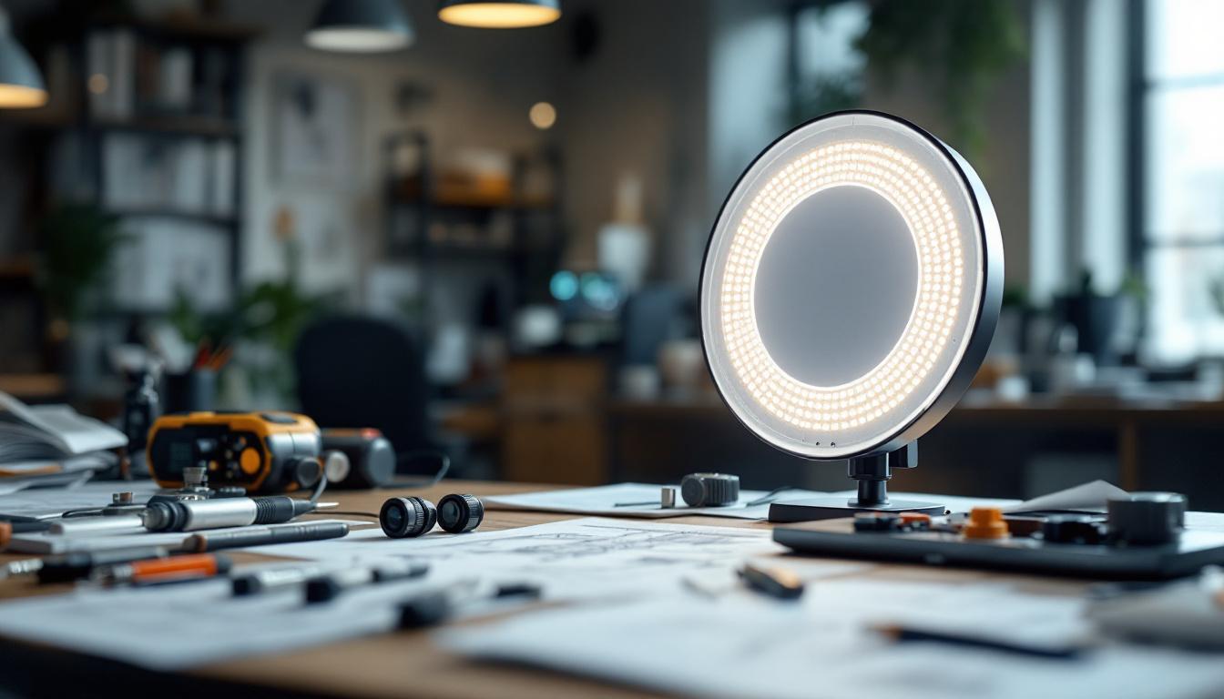 A photograph of a 5-inch led light prominently displayed in a modern workspace