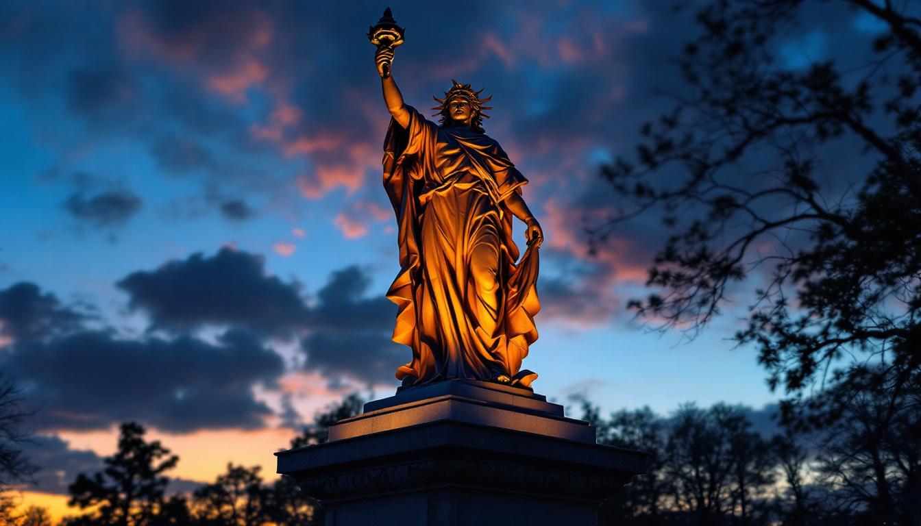 A photograph of a beautifully illuminated statue at dusk