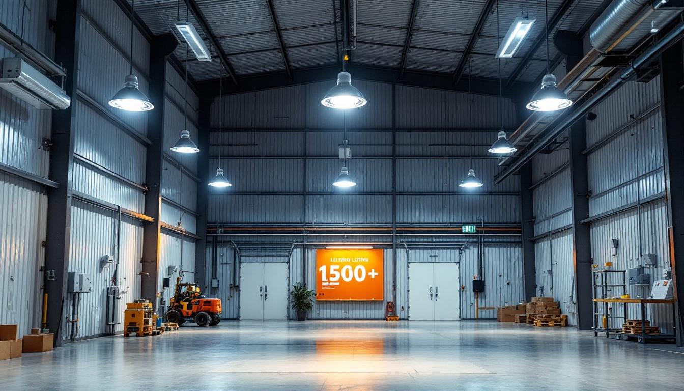 A photograph of a well-lit metal building interior showcasing various lighting fixtures in use