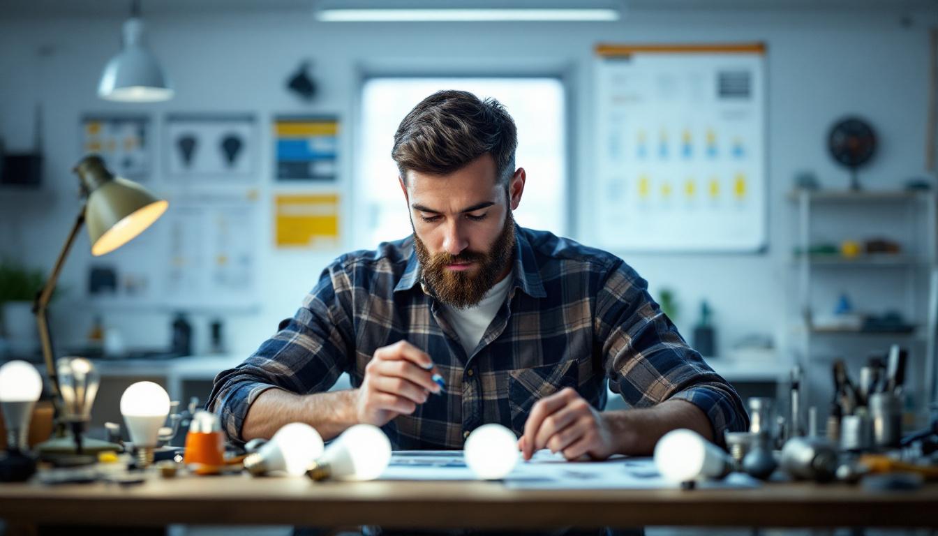 A photograph of a well-lit workspace featuring an engineer examining various light bulbs of different brightness levels