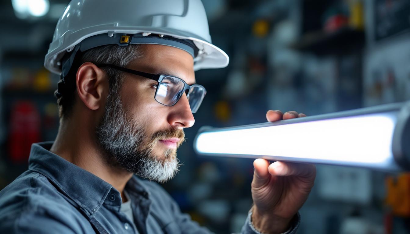 A photograph of a close-up of an electrical engineer examining a fluorescent led lighting fixture in a workshop