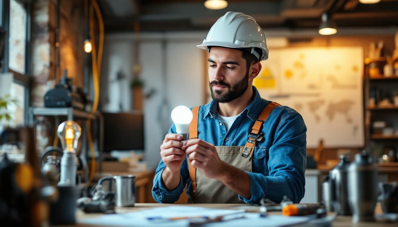A photograph of a skilled electrical engineer examining a bright
