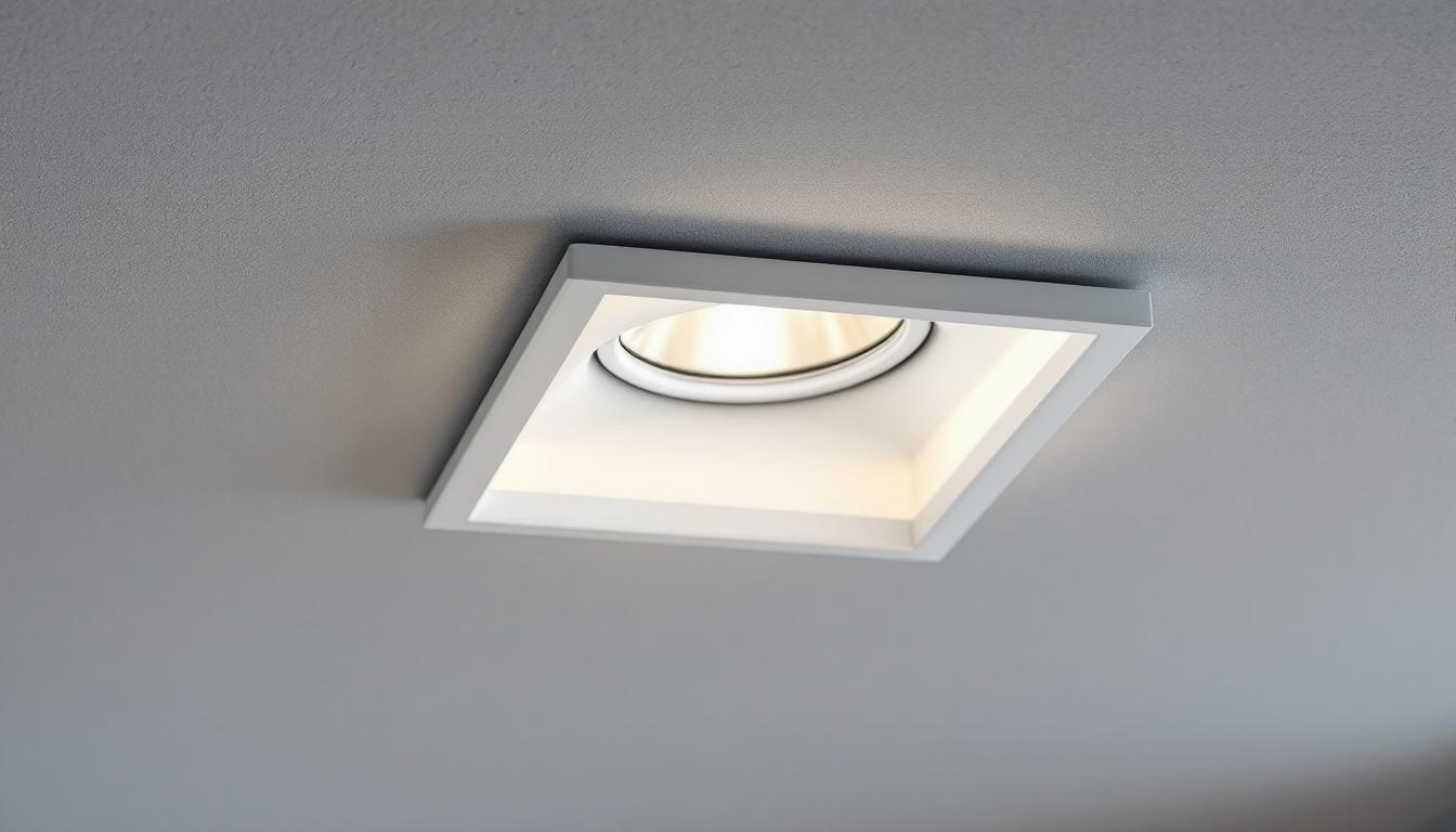 A photograph of a close-up shot of a 5-inch recessed can light installed in a modern ceiling