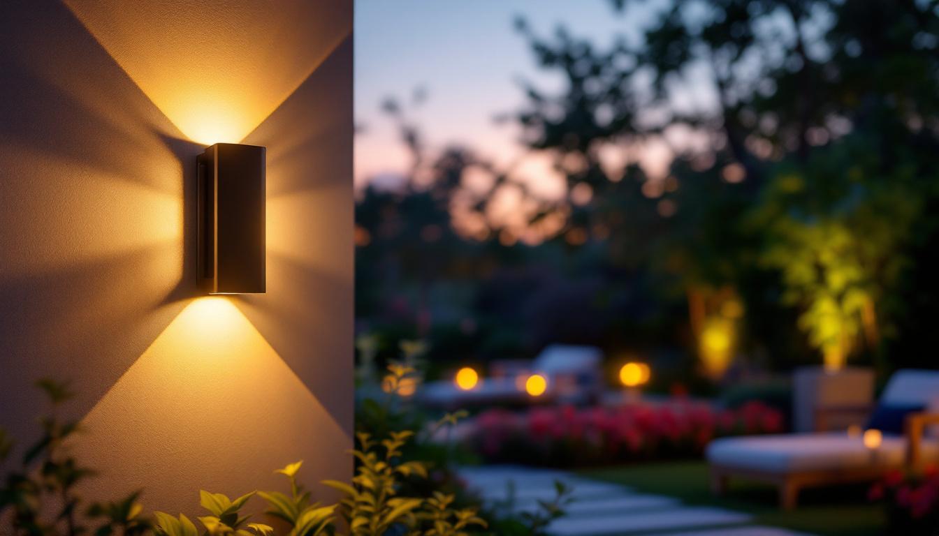 A photograph of a beautifully designed outdoor solar sconce illuminated at dusk