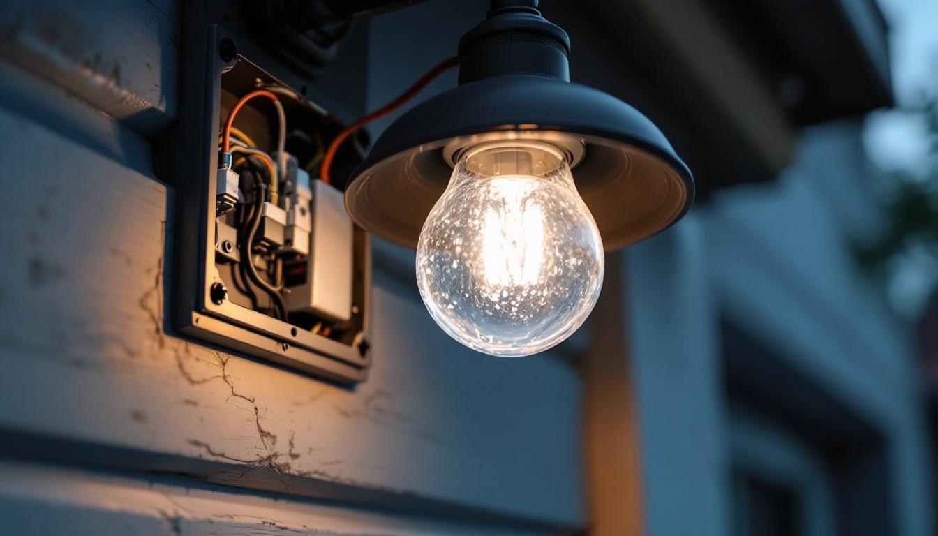 A photograph of a close-up view of an outdoor lighting fixture with its junction box exposed