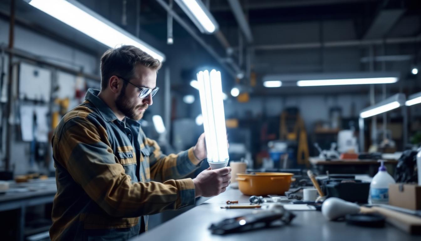 A photograph of a lighting engineer examining a 4ft fluorescent led replacement bulb in a well-lit workshop