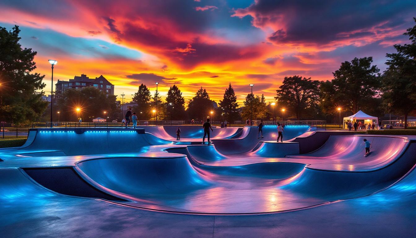 A photograph of a vibrant skate park scene during twilight