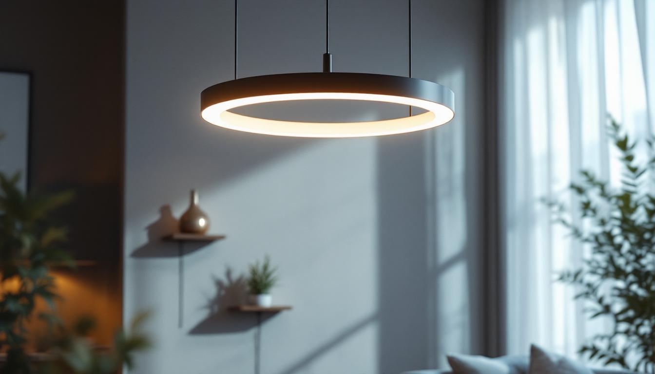 A photograph of a beautifully designed circle hanging light fixture in a stylish interior setting