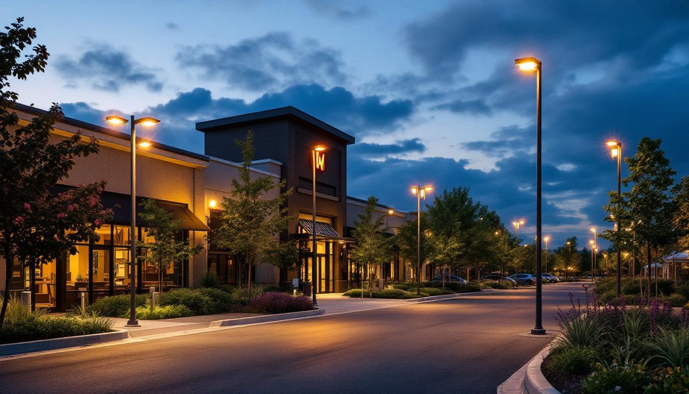 A photograph of a well-lit outdoor commercial area featuring various pole lights in use at dusk