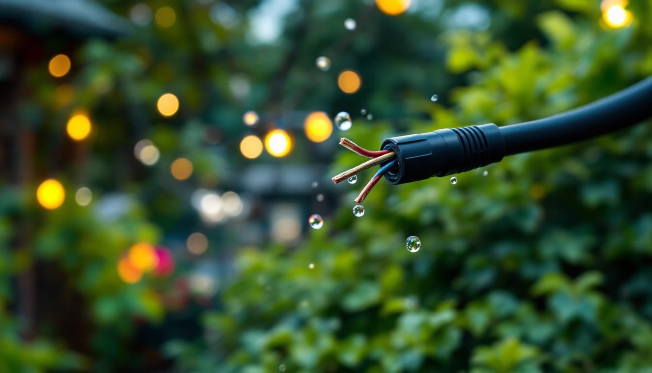 A photograph of a close-up of waterproof electrical wire being installed in an outdoor lighting project