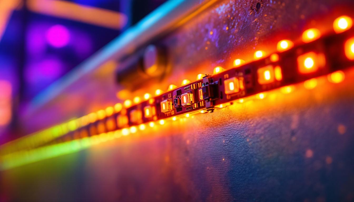A photograph of a close-up shot of a vibrant 48 led strip light installed in a modern workspace