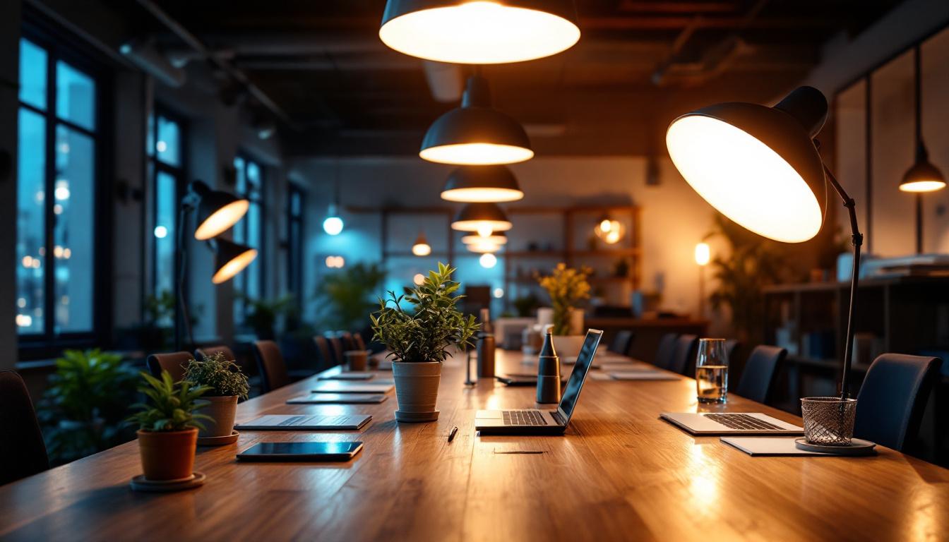 A photograph of a well-lit workspace featuring a variety of hid lighting fixtures in use