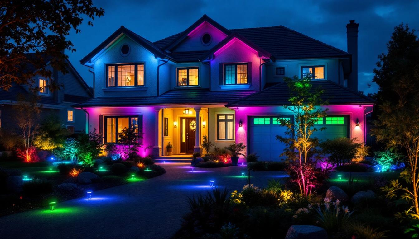 A photograph of a beautifully illuminated home exterior featuring vibrant rgb house lights