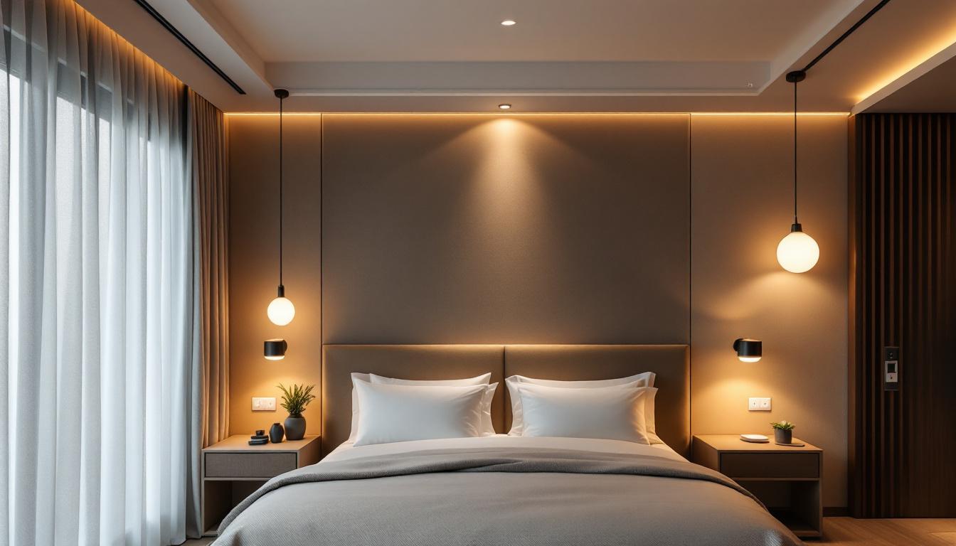 A photograph of a stylish hotel room showcasing a variety of modern lighting fixtures