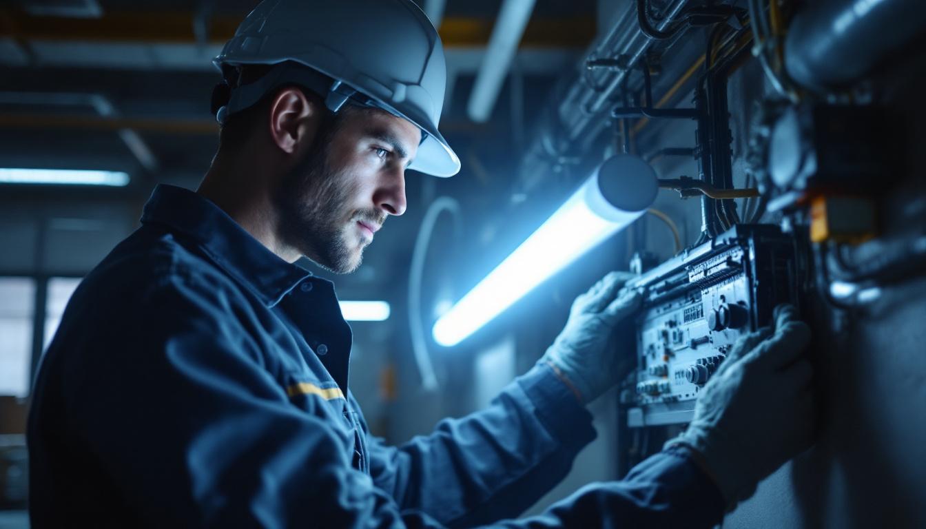 A photograph of a skilled electrical engineer working on a t12 to led conversion project