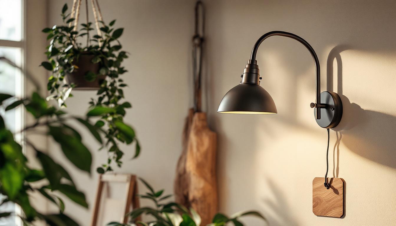 A photograph of a stylish gooseneck wall mount light installed in a cozy