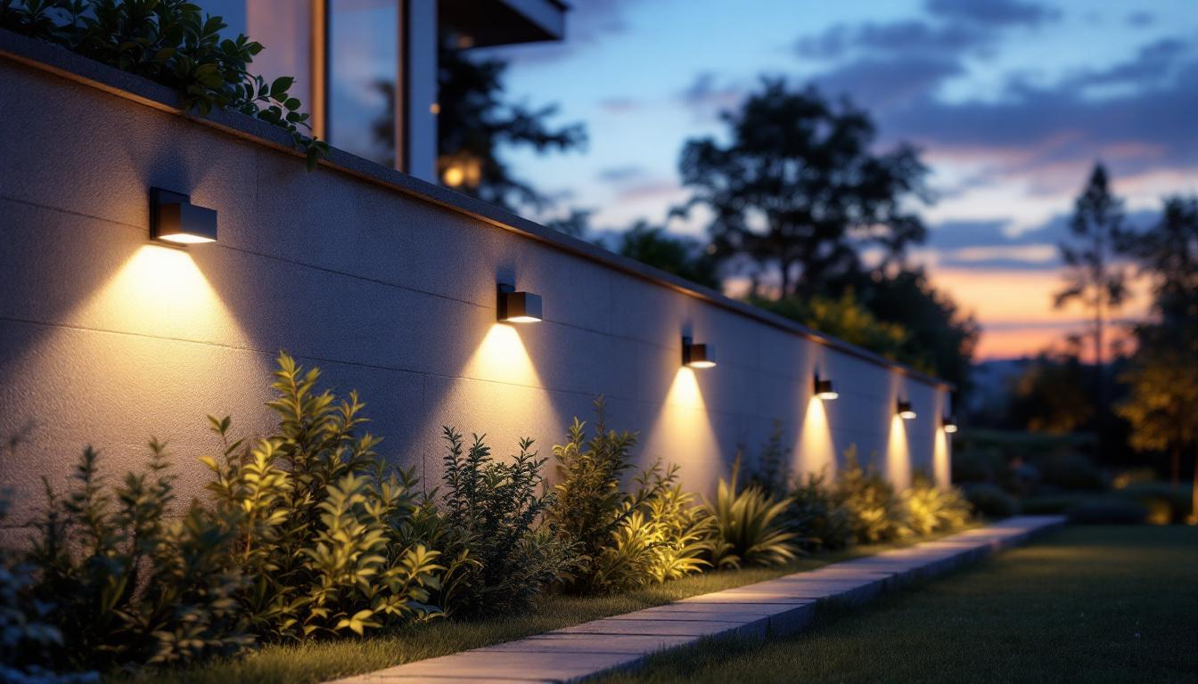 A photograph of a beautifully illuminated outdoor space featuring led solar wall lights