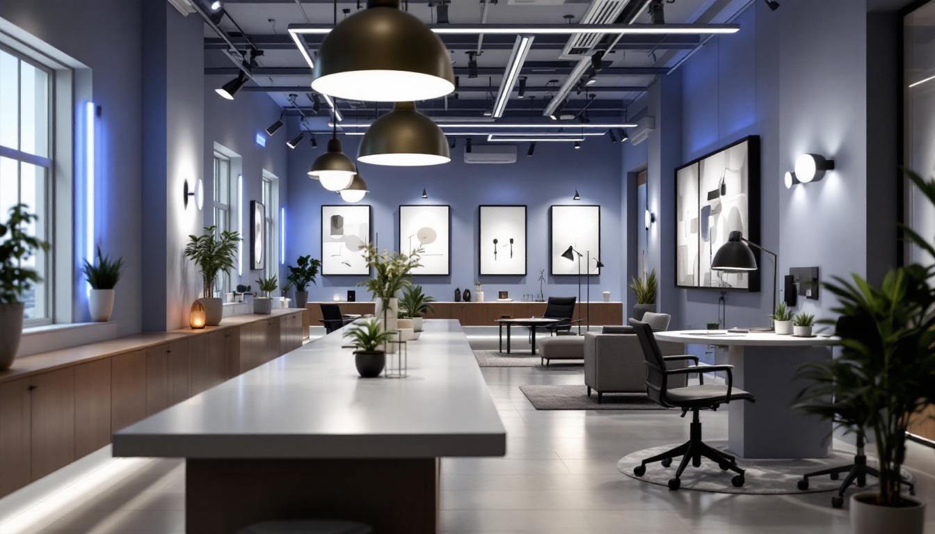 A photograph of a modern lighting showroom showcasing innovative lighting designs and technologies