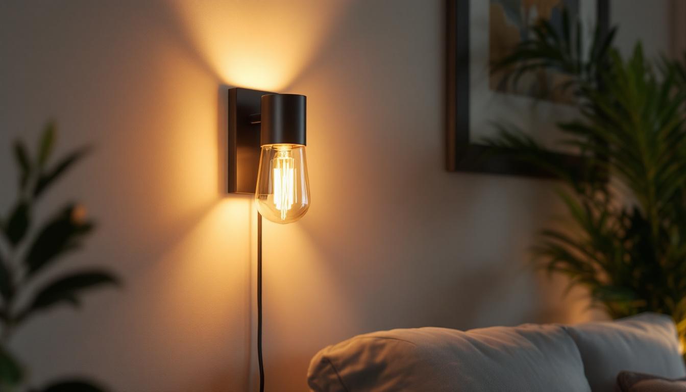 A photograph of a stylish wall sconce elegantly illuminated in a cozy