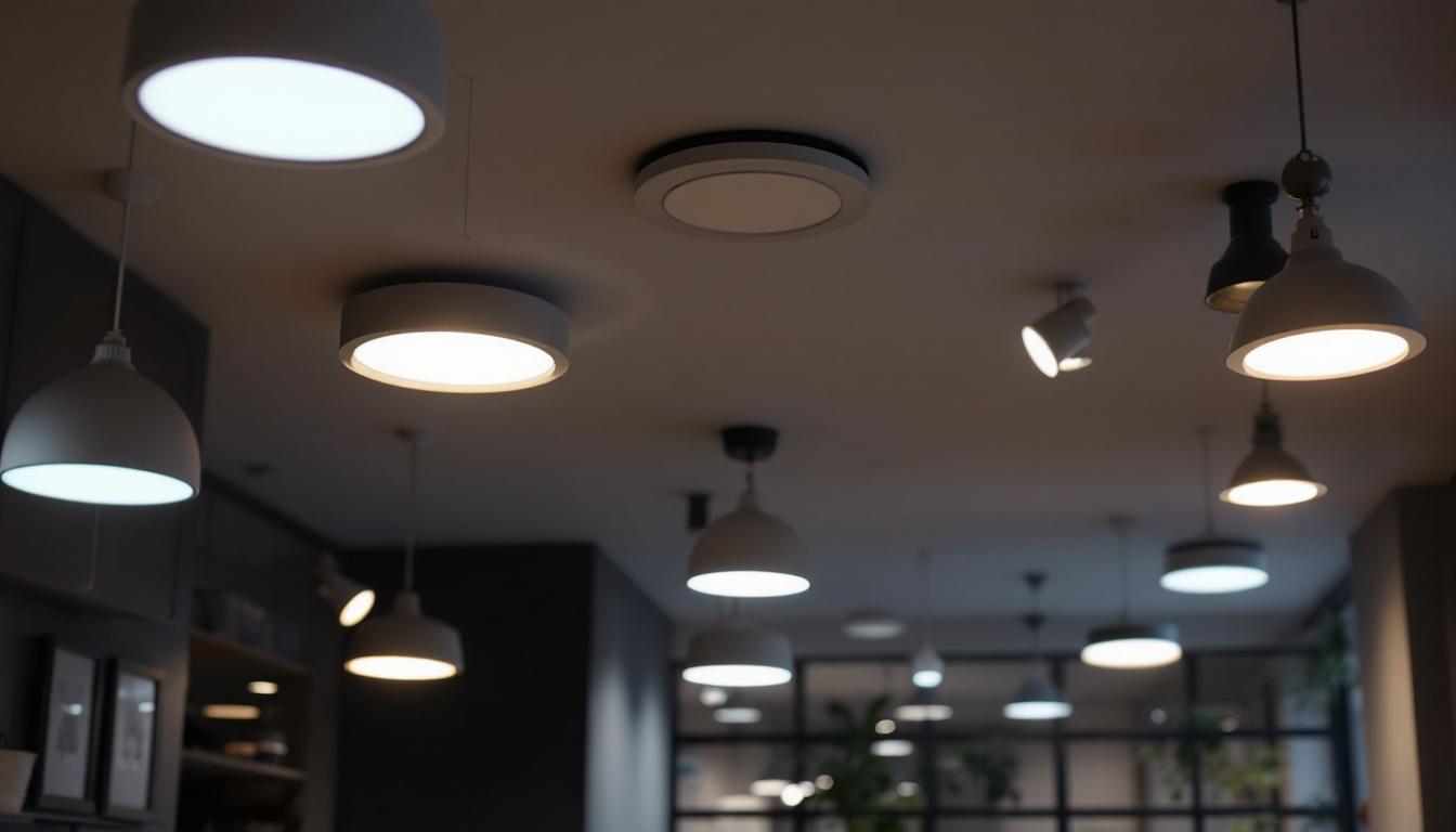 A photograph of a well-lit interior space showcasing various styles of recessed lighting fixtures in use
