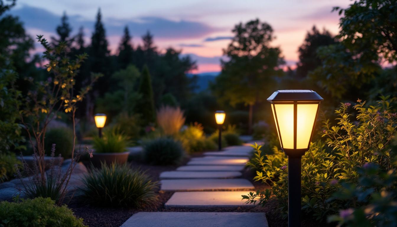 A photograph of a beautifully lit outdoor scene featuring malibu solar lamps in use