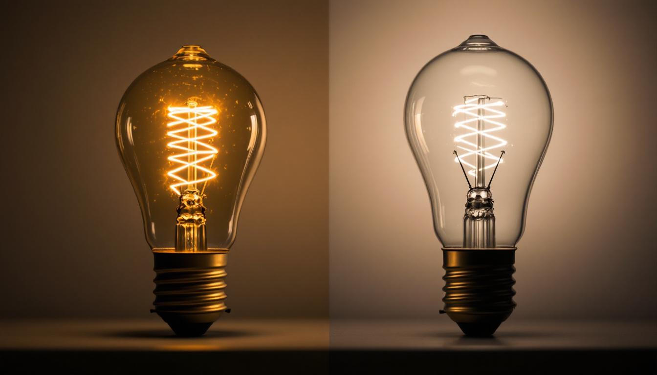 A photograph of a side-by-side comparison of a mercury vapor bulb and an led replacement bulb