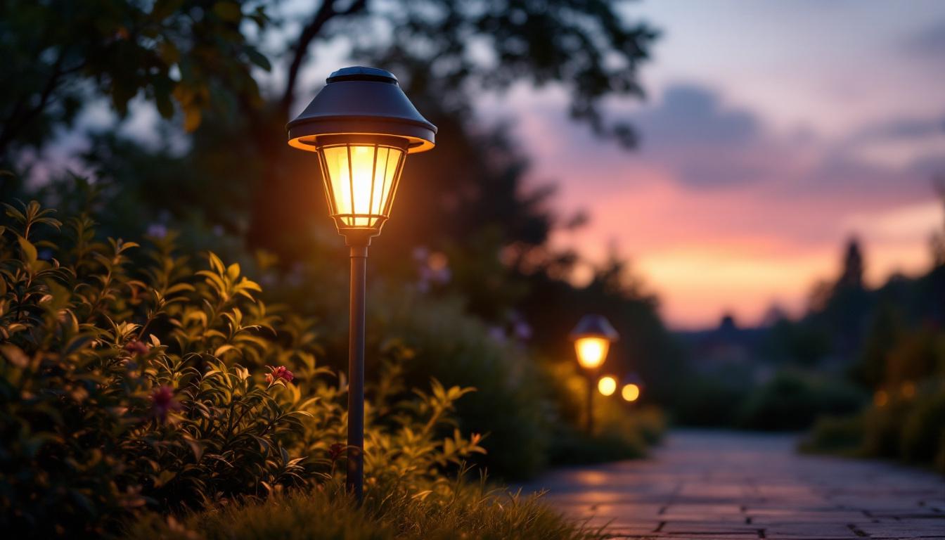 A photograph of a beautifully illuminated solar-powered carriage light in an outdoor setting during twilight