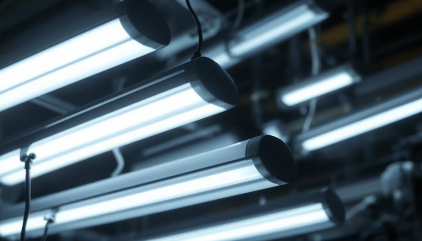A photograph of a modern lighting setup featuring a variety of fluorescent t8 fixtures in an engineering or design environment